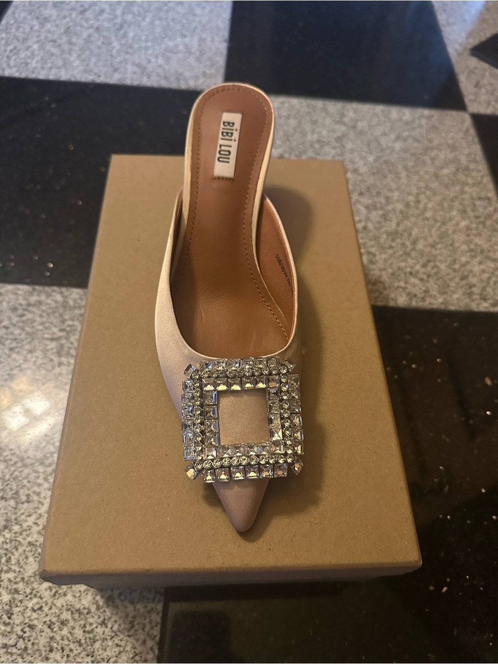 Nude Satin Pointed Mule with Crystal Buckle